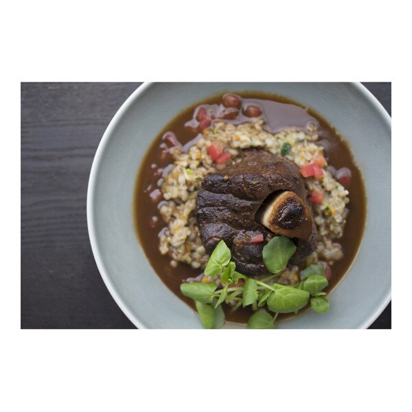 bowl of venison osso bucco with grains, greens & braising liquid