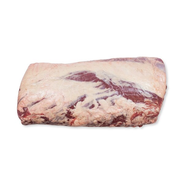 Raw Ocean Beef boneless ribeye roll on a white background.