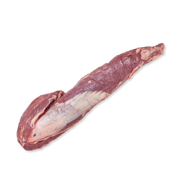 Raw Ocean Beef grain-fed Angus tenderloin on white background.