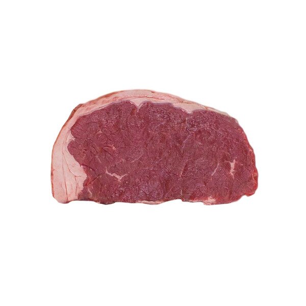 A raw, grain-fortified beef boneless NY strip steak.