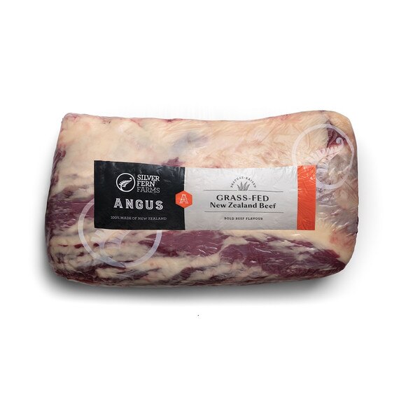 A vacuum-sealed, bone-in, grass-fed New Zealand Angus beef whole ribeye with the Silver Fern Farms logo.