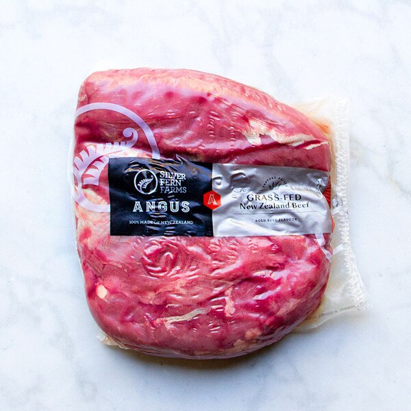 Vacuum-sealed New Zealand grass-fed Angus beef teres major with the Silver Fern Farms logo.